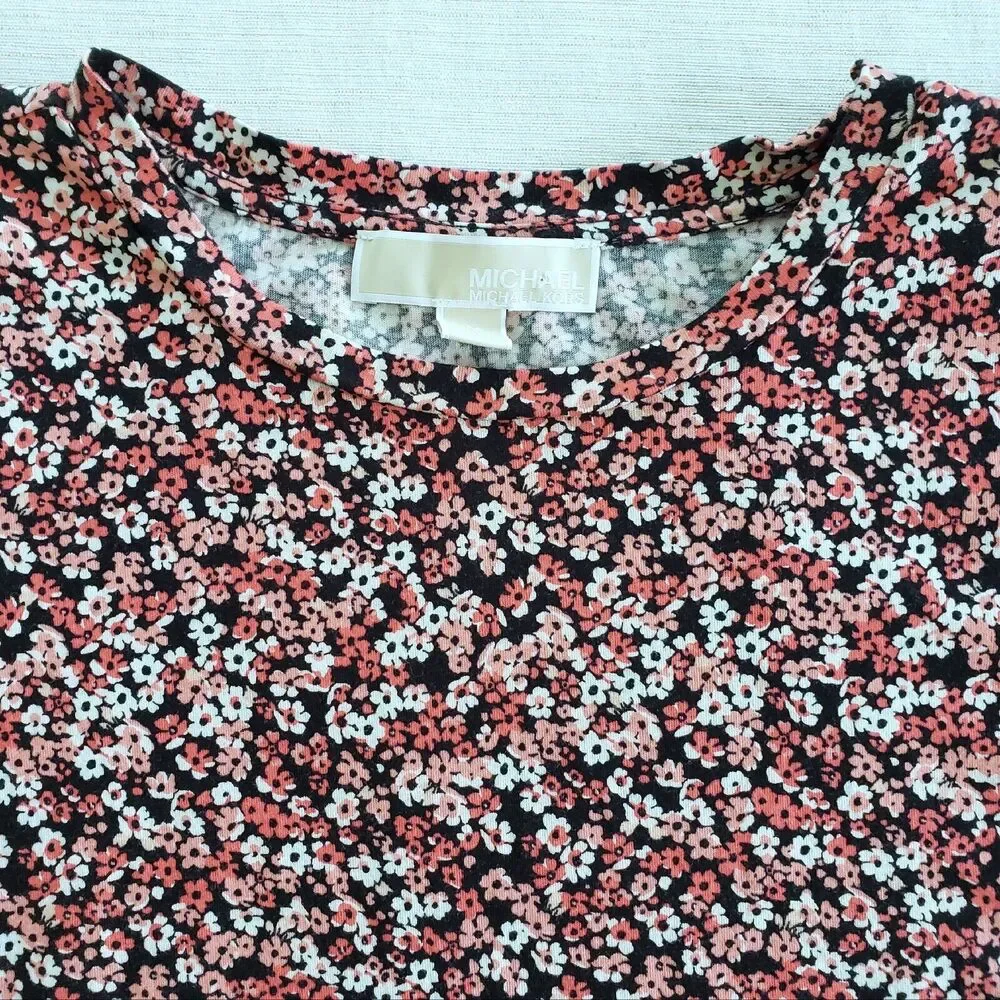 Michael Kors Top Women M Red Pink Ditsy Floral Tie Waist Tee Kawaii Cottagecore
